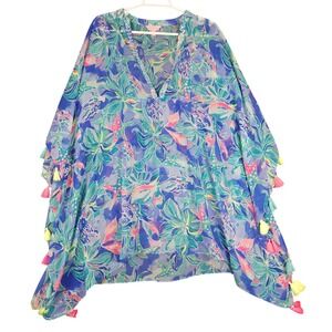 Lilly Pulitzer Tassel Kaftan Cover Up L XL Blue Floral Beach Swim Maxi
